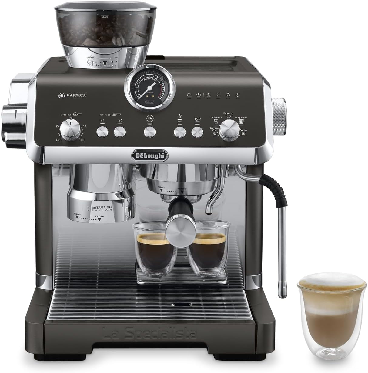 De'Longhi La Specialista Arte EC9155.MB portafilter espressomaskine med kværn, 8 maleindstillinger, 15 bar tryk, 3 temperaturindstillinger, mælkeskummer, 1550W, 1,7L tank, rustfrit stål/sort, inklusive barista kit