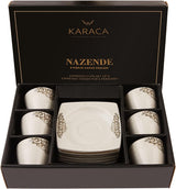 KARACA Nazende porcelæn espressokopsæt - 80 ml tyrkiske kaffekopper med underkopper, 12 stykker moderne kaffeservice med 6 kaffekopper og 6 underkopper, mokkakopper - hvid