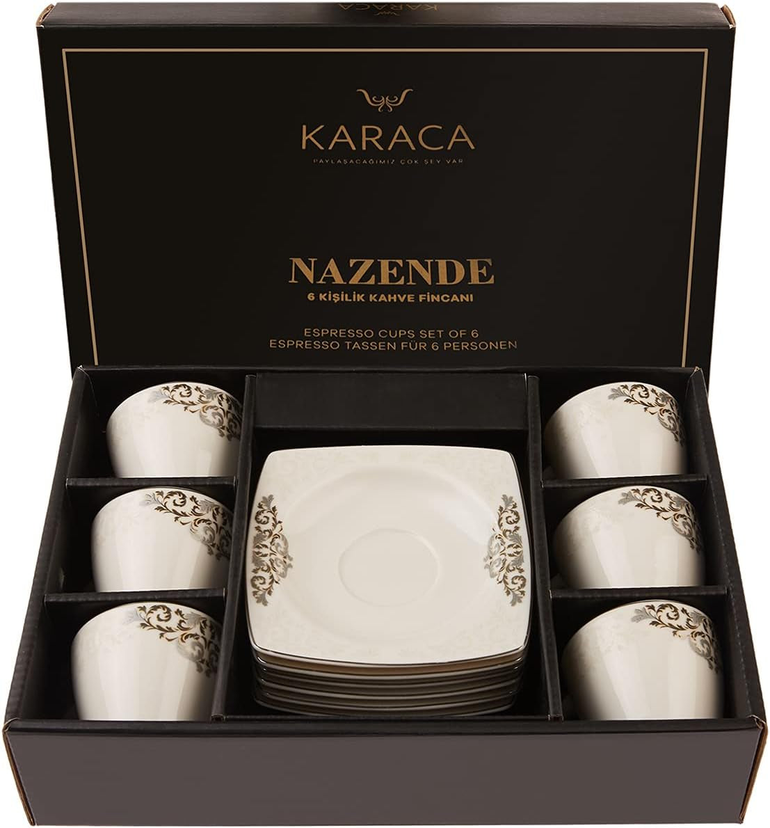 KARACA Nazende porcelæn espressokopsæt - 80 ml tyrkiske kaffekopper med underkopper, 12 stykker moderne kaffeservice med 6 kaffekopper og 6 underkopper, mokkakopper - hvid