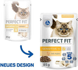 Vådfoder til katte Perfect Fit Sensitive 1+ med kylling i sauce, 12 poser, 12 x 85g - Premium vådfoder til følsomme katte fra 1 år, uden hvede og soja, for at støtte fordøjelsen