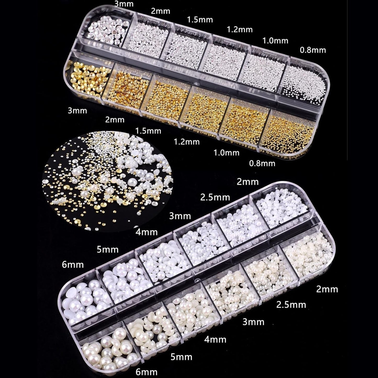 Sømnøglekæder 4 æskesæt - 48 typer guld og sølv 3D sømnøglekæder (sommerfugle, blomster, perler osv.) + pincet og kuglepen - til gør-det-selv-gel- og akrylnegle | Ideal for nail salon and home