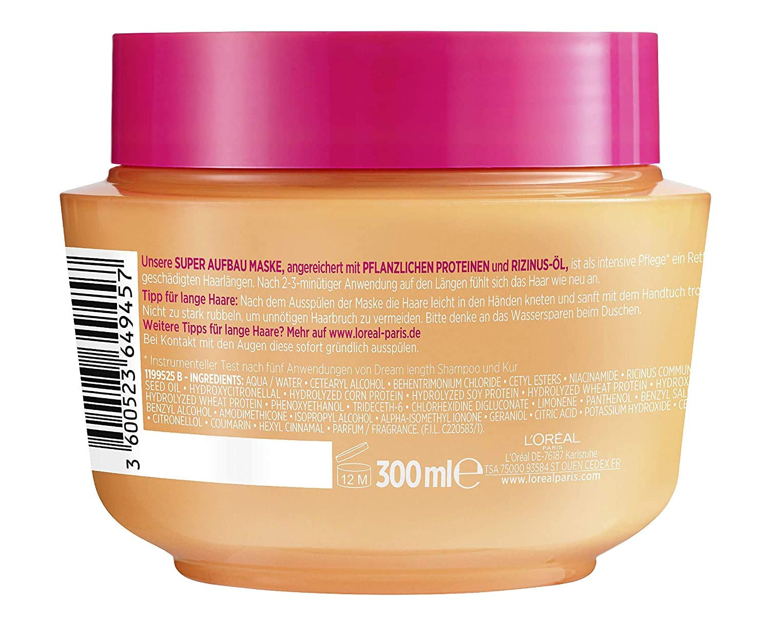 L'Oréal Paris Elvital Anti Split End Hair Mask til langt, beskadiget hår, Intensiv udskylningsbehandling, Med vegetabilske vitaminer og ricinusolie, Dream Length Super Build-up Mask, 1 x 300 ml Naty Shop Hair Mask