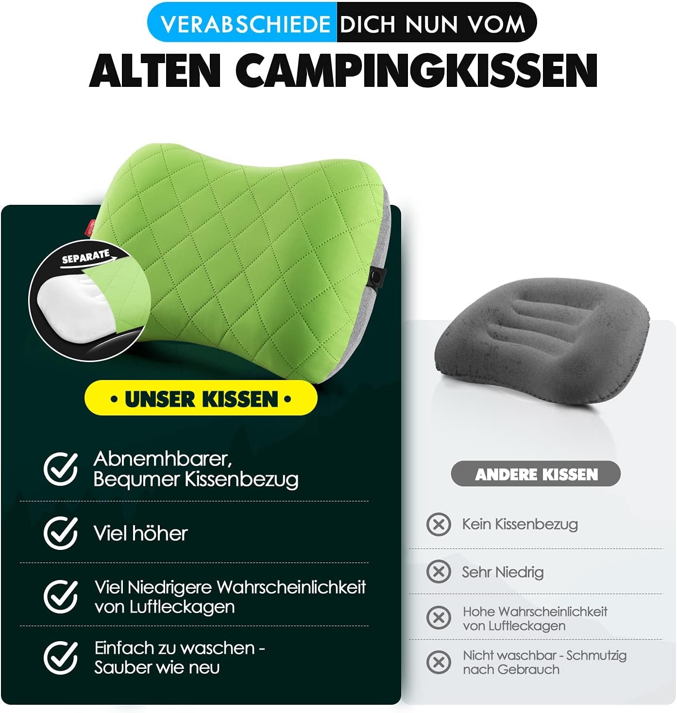 HIKENTURE Oppustelig camping-/rejsepude med aftageligt pudebetræk, ergonomisk pude, komfortabel nakkepude til rejser/udendørs, oppustelig rejsenakkepude (grøn) ... Cervikal ortopædiske puder Naty Shop