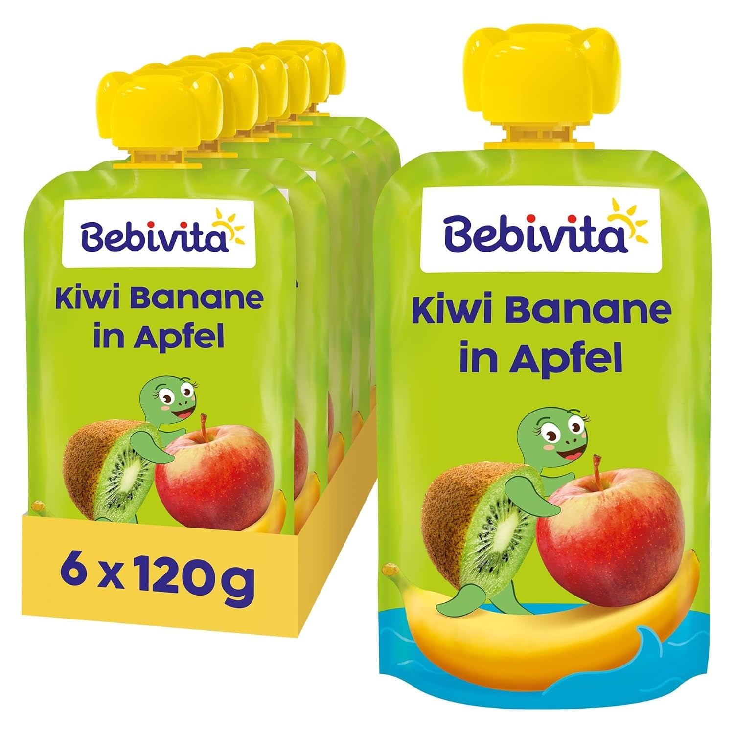 Kiwi-bananer i æble-quetschie (6 x 120 g), ohne Zuckerzusatz, glutenfrei, ideel til unterwegs og selvstændige snacks