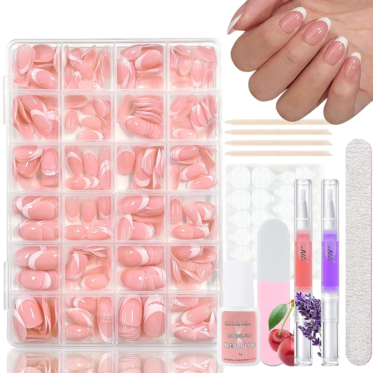 360 stk Gradient Ballerina Falske Negle Sæt, Pink White Gradient Lime-on kunstige negle med 2 stk Nail Oil Penne, Ombre Medium Fake Neils for Women DIY