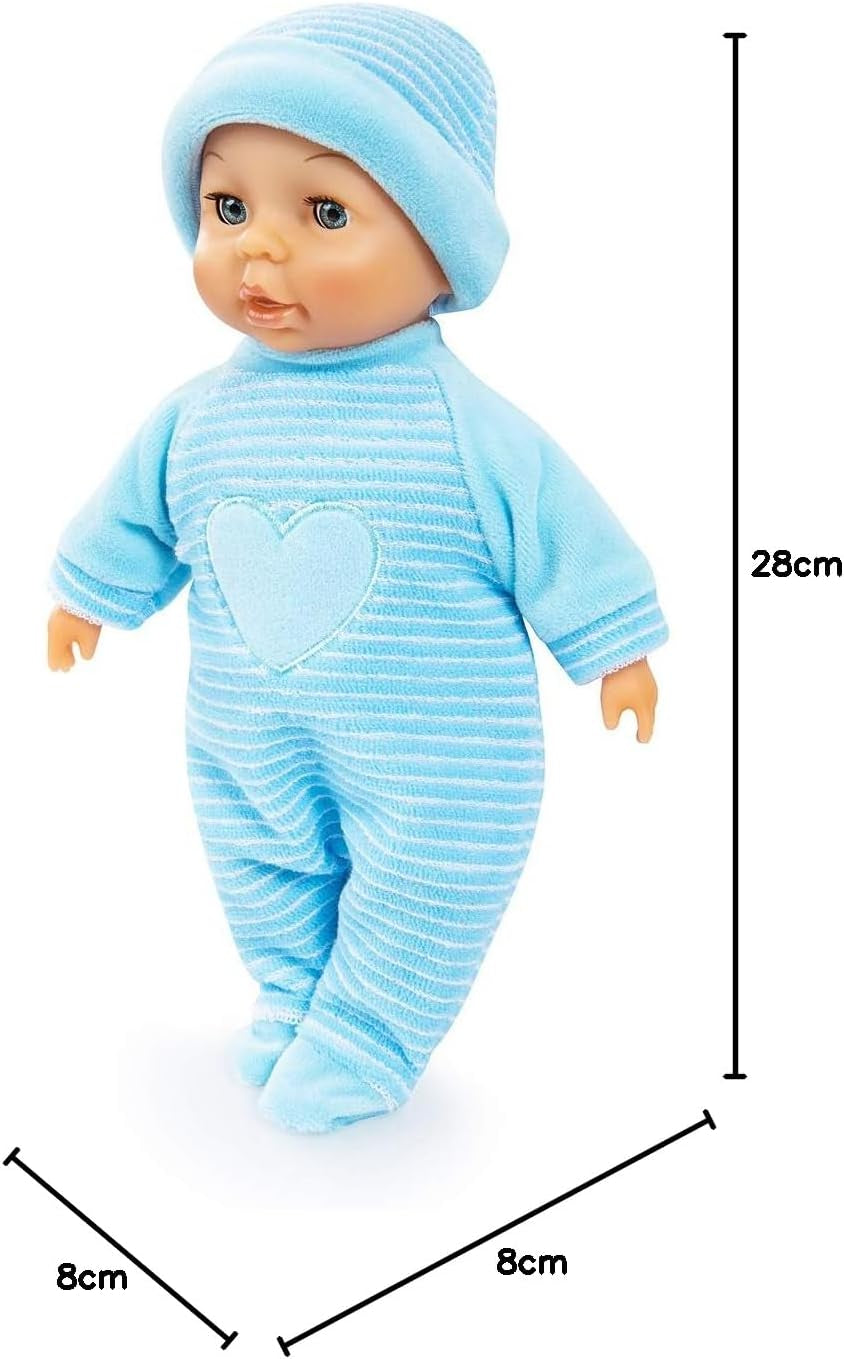 Bayer Design 92802AU My First Baby 28 cm, babydukke, blød kropsdukke med sovende øjne, meget praktisk, sødt outfit, blå med hjerte