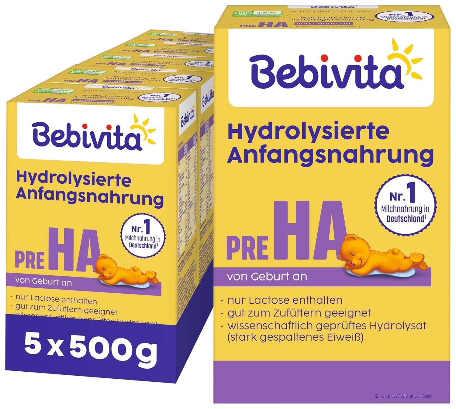 PRE HA (5 x 500g), hydrolyseret mælkepulverformel fra fødslen, indeholder kun laktose som kulhydrat, velegnet til tilskudsfodring