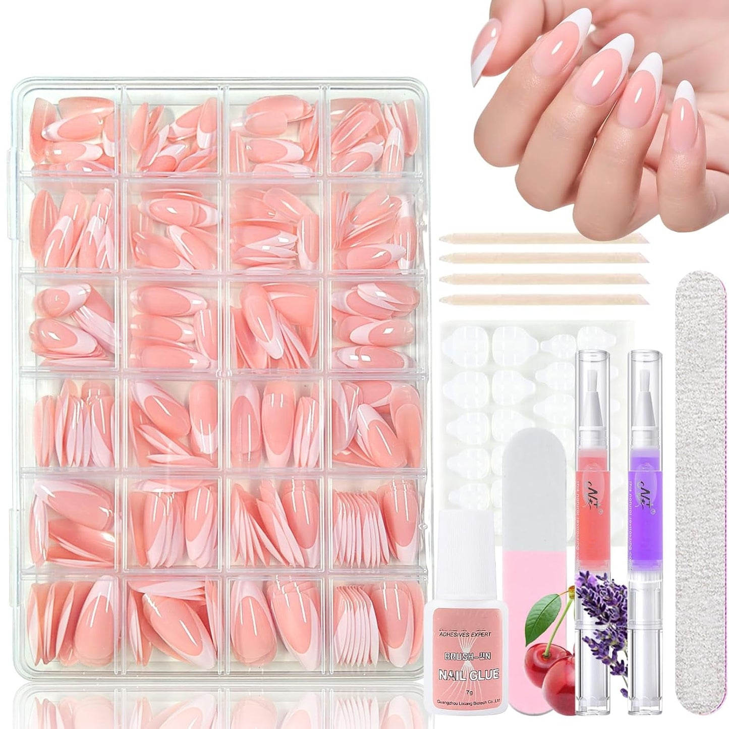 360 stk Gradient Ballerina Falske Negle Sæt, Pink White Gradient Lime-on kunstige negle med 2 stk Nail Oil Penne, Ombre Medium Fake Neils for Women DIY