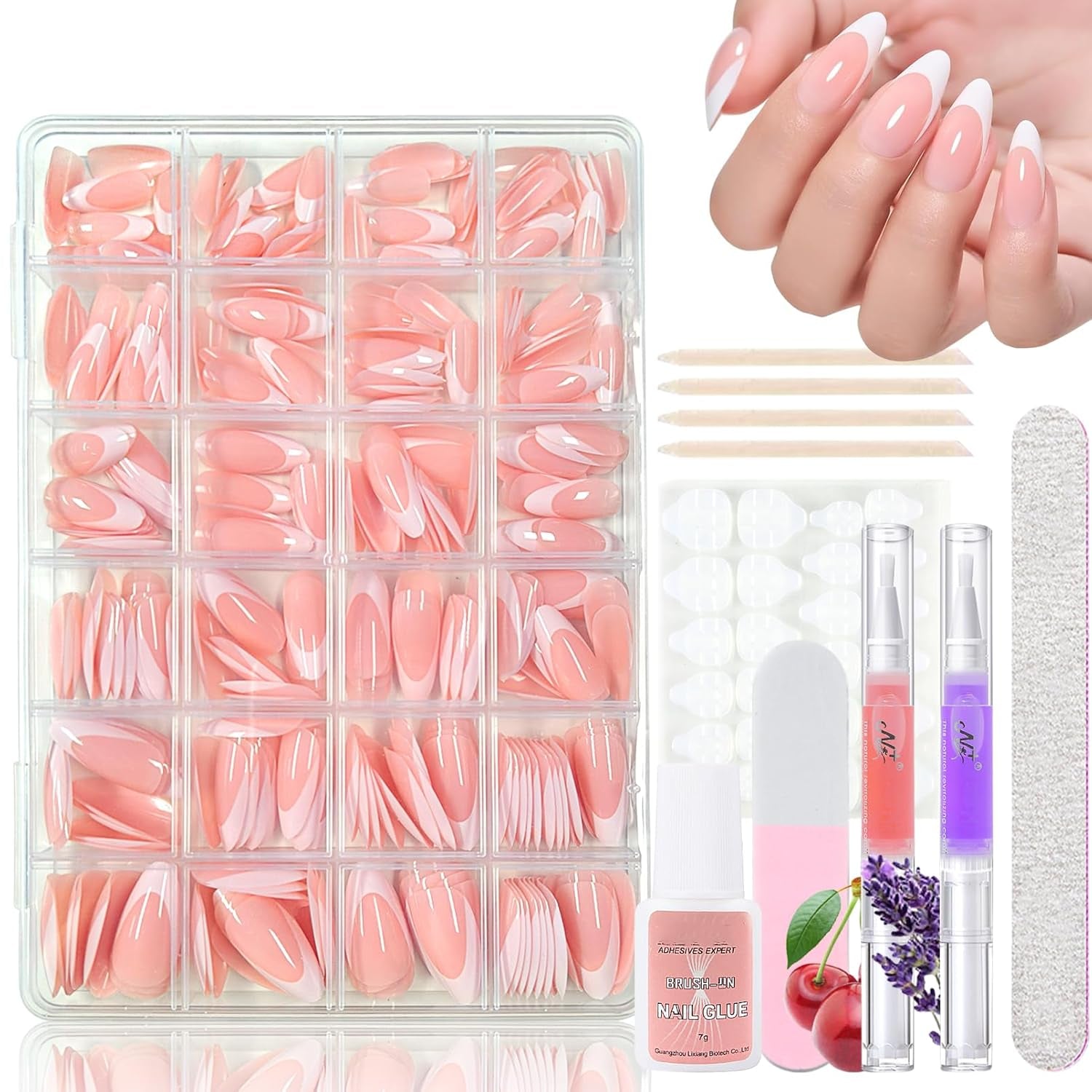 360 stk Gradient Ballerina Falske Negle Sæt, Pink White Gradient Lime-on kunstige negle med 2 stk Nail Oil Penne, Ombre Medium Fake Neils for Women DIY