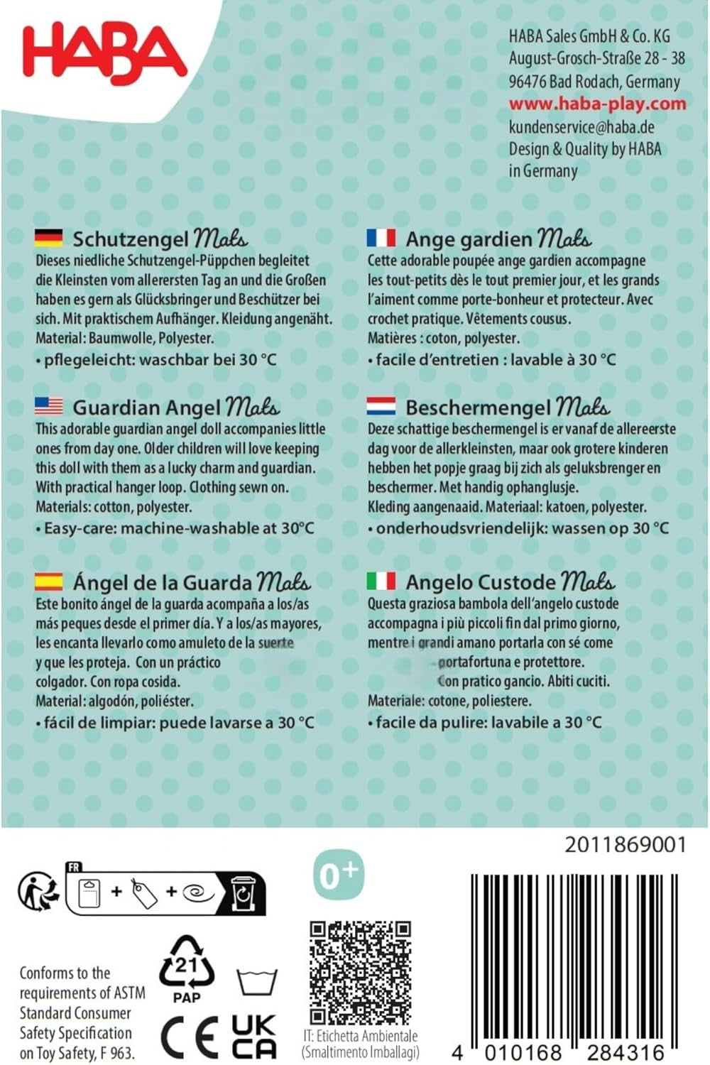 HABA Guardian Angel Mats - Sød tekstildukke (15 cm), ideel velkomstgave til babyer og småbørn - Vaskes ved 30 °C - 2011869001