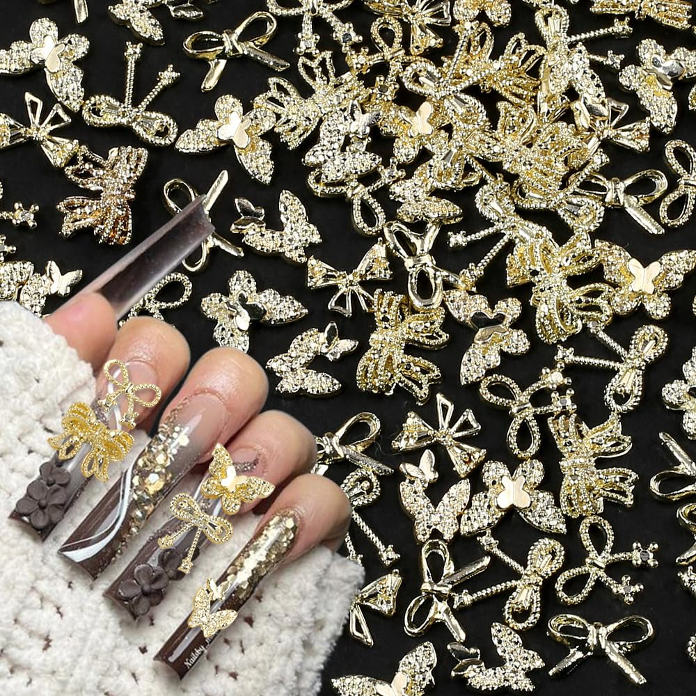 50Stück 3D Guld Sløjfe Nail Charms Butterfly Nail Art Charms Legierung Bogen Nagel Charms Nägel Zubehör Schleife Nagelschmuck Metall Schleifen Schmetterling Nageldesign Nagelanhänger Nailart Strasssteine