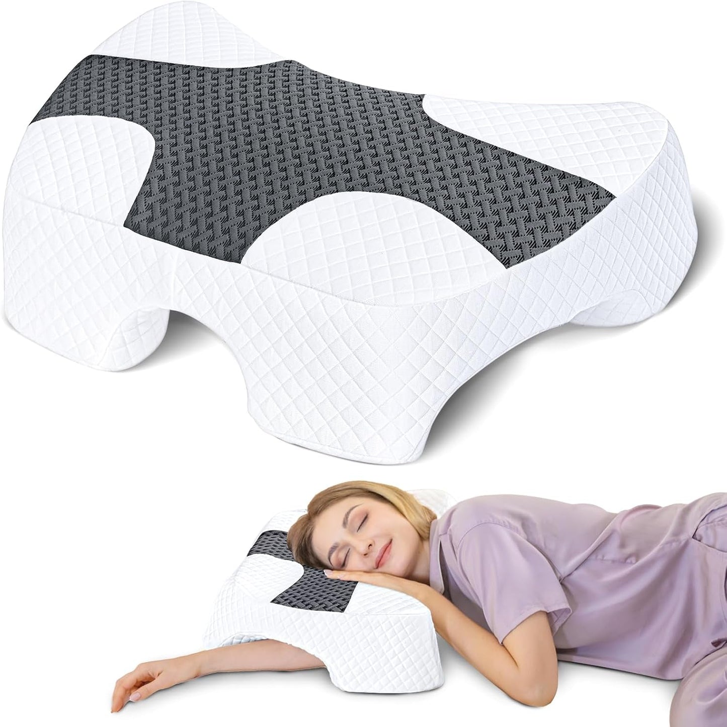 SAHEYER sidesovepude med arm, ergonomisk ortopædisk pude, nakke- og skulderpude med memoryskum, nakkepude med flervinklede arme til mange sovestillinger (hvid) Cervikale ortopædiske puder Naty Shop Grey