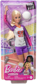 Barbie Made to Move - Volleyballspillerdukke med T-shirt og bold - 22 led til realistisk leg, inkluderer volleyball og sportsudstyr, HKT72