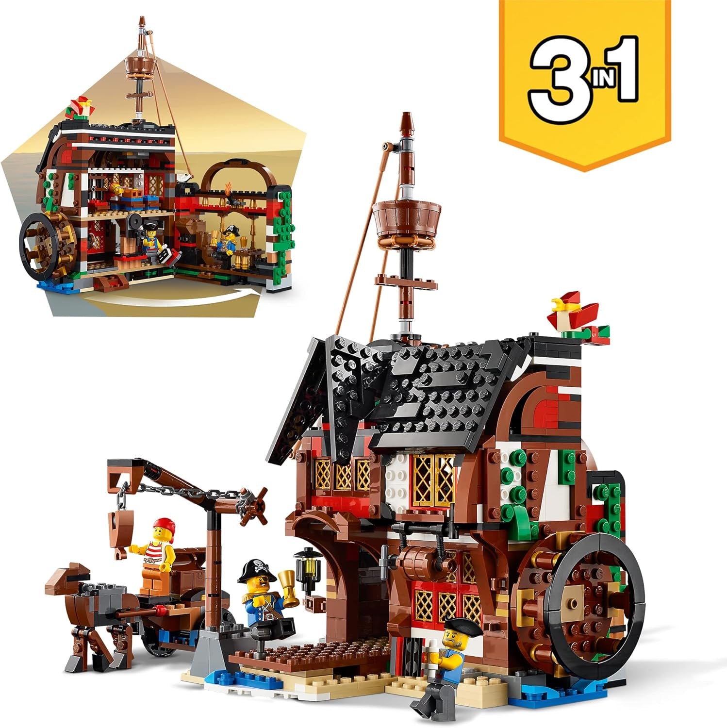 LEGO Creator 3-i-1 piratskibssæt, legetøj med 3 byggemuligheder, byg en piratværtshus eller kraniepiratø, inkluderer 3 rollespilseventyrminifigurer 31109 byggesæt Besuche den LEGO-Store