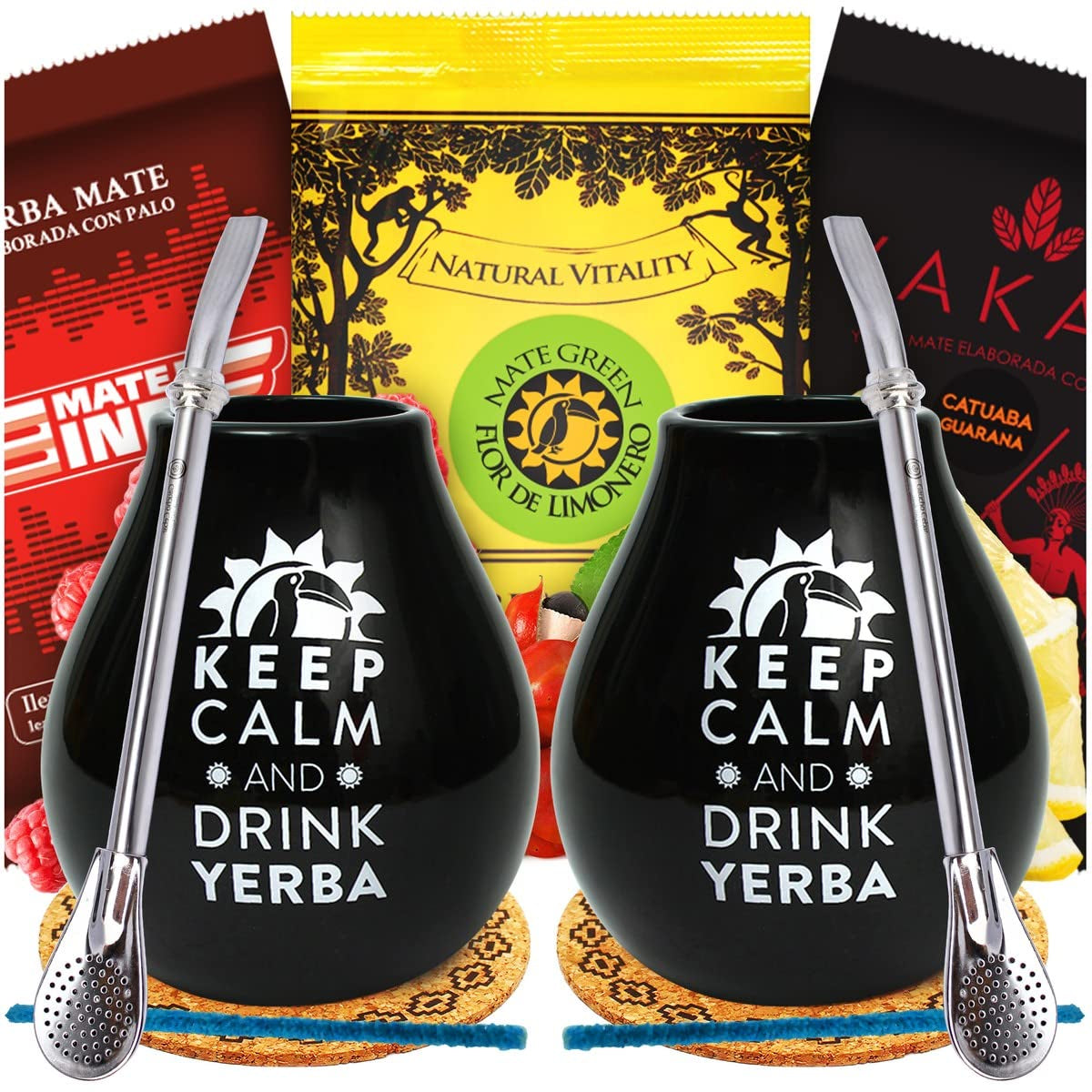 Yerba Mate tesæt til to 150G | Mate te med guarana og frugt | Loose Leaf Yerba Mate Tea | Sort mat keramisk kop 350 ml | Stålhalm Bombilla Liza 19 cm