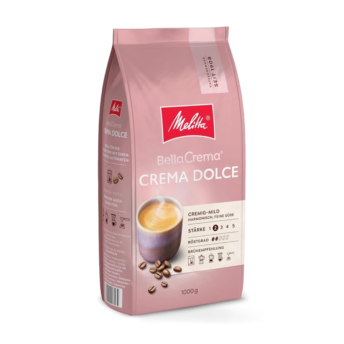 Melitta BellaCrema Crema Dolce kaffebønner 1 kg, umalet, kaffebønner til fuldautomatiske kaffemaskiner, let ristede, ristede i Tyskland, intensitet 2