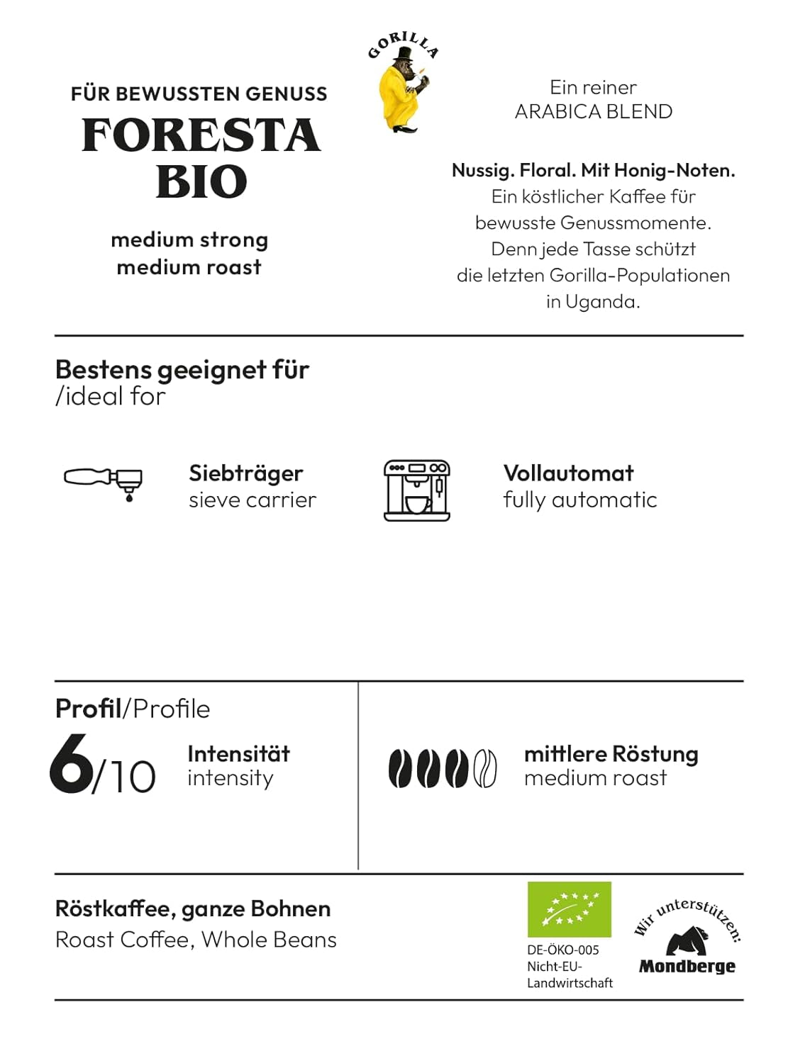 Joerges Foresta kaffe 1000g ristede hele bønner | Kvalitet Arabica blanding | Til portafilter og fuldautomatiske kaffemaskiner | Espresso