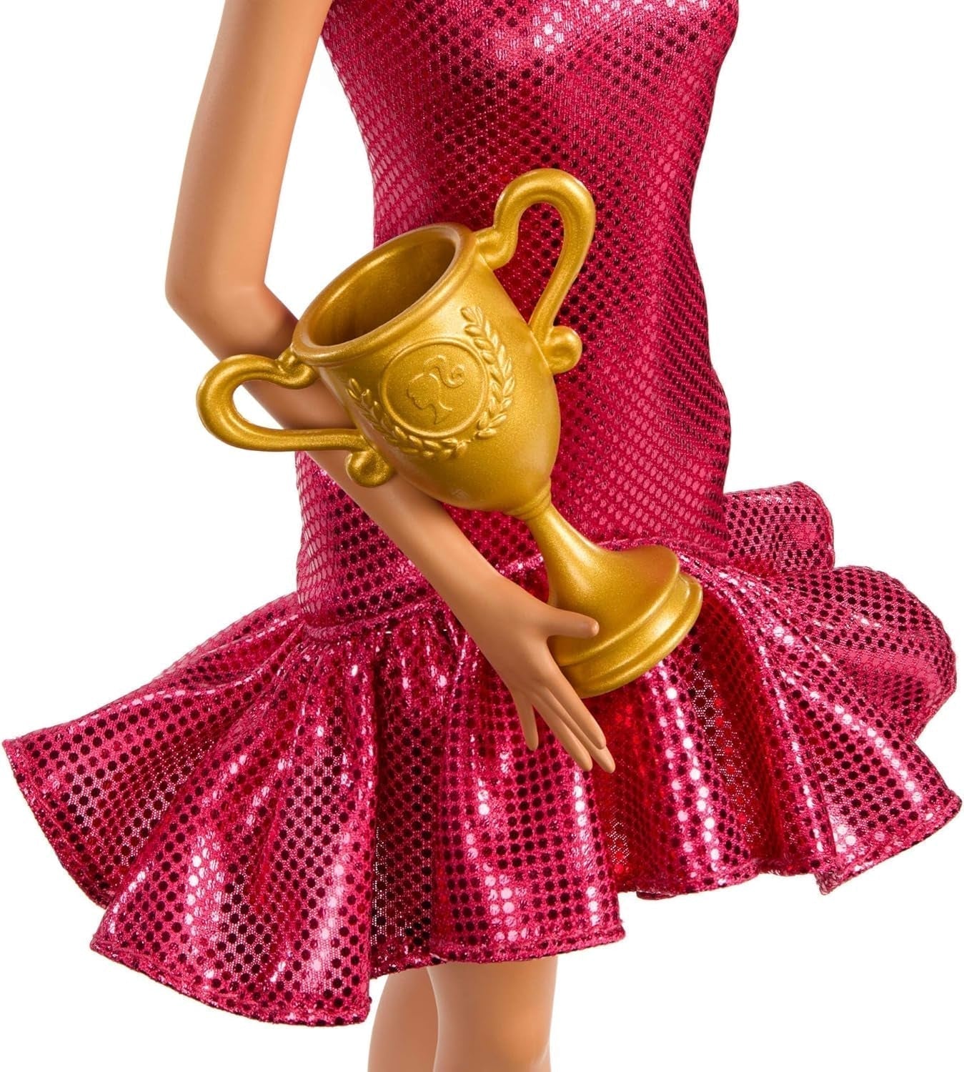 Modedansende Barbie-dukke med pjusket rød kjole, dansesko, brunt hår og tilbehør til dansepokaler, JFR09 Naty Shop-dukker