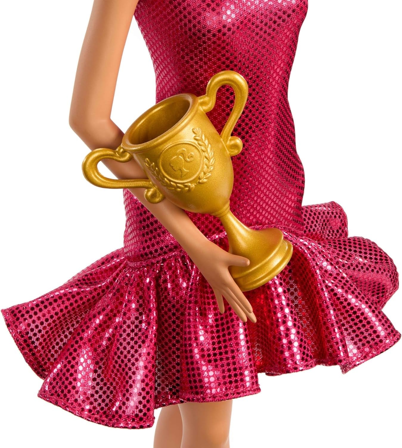 Barbie-turneringsdanserdukke i rød flæsende kjole, dansesko, brunt hår og tilbehør til dansepokaler, JFR09