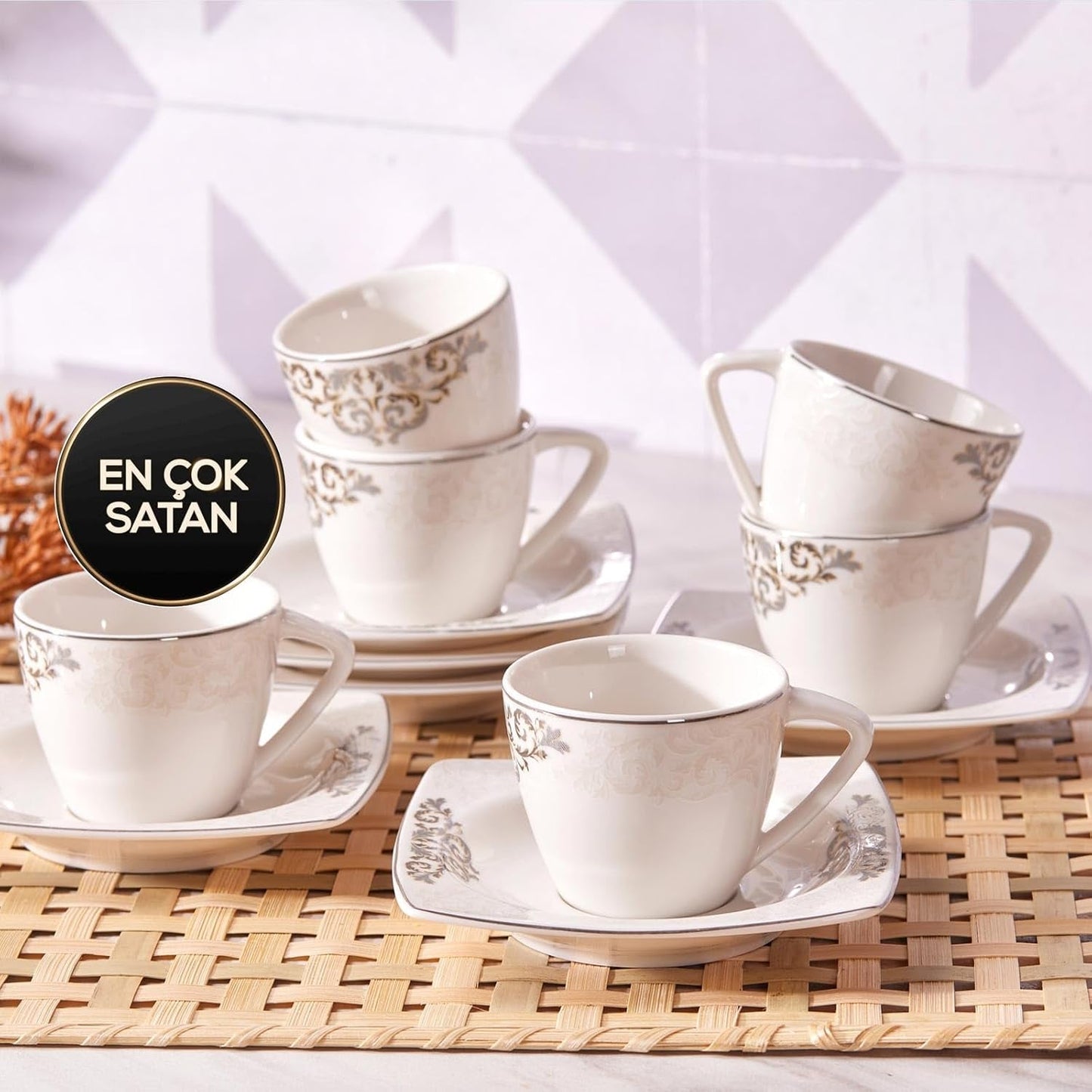 KARACA Nazende porcelæn espressokopsæt - 80 ml tyrkiske kaffekopper med underkopper, 12 stykker moderne kaffeservice med 6 kaffekopper og 6 underkopper, mokkakopper - hvid