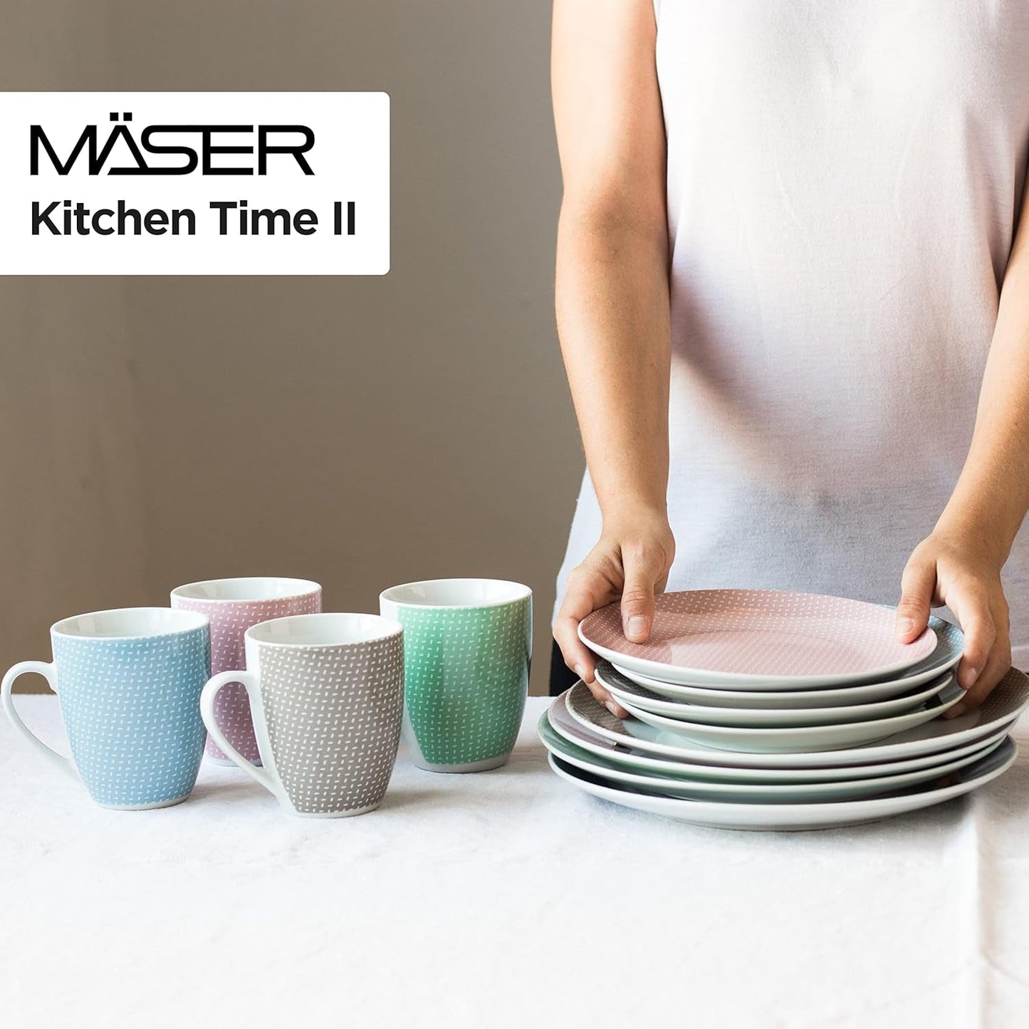 MÄSER Kitchen Time II, Servicesæt til 4, Kombinationsservice med 16 stykker i pastelfarver med diskret mønster, Porcelæn, Pink