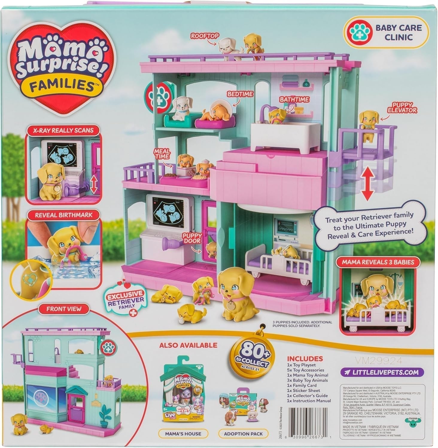 Little Live Pets Mama Surprise Families Baby Clinic Legesæt, 3 Retriever-hvalpe inkluderet, Magic, Dobbeltsidet Legesæt (27,8 cm B, 23,8 cm H). Fodring, badning og leg, gave til børn Actionfigurer Naty Shop