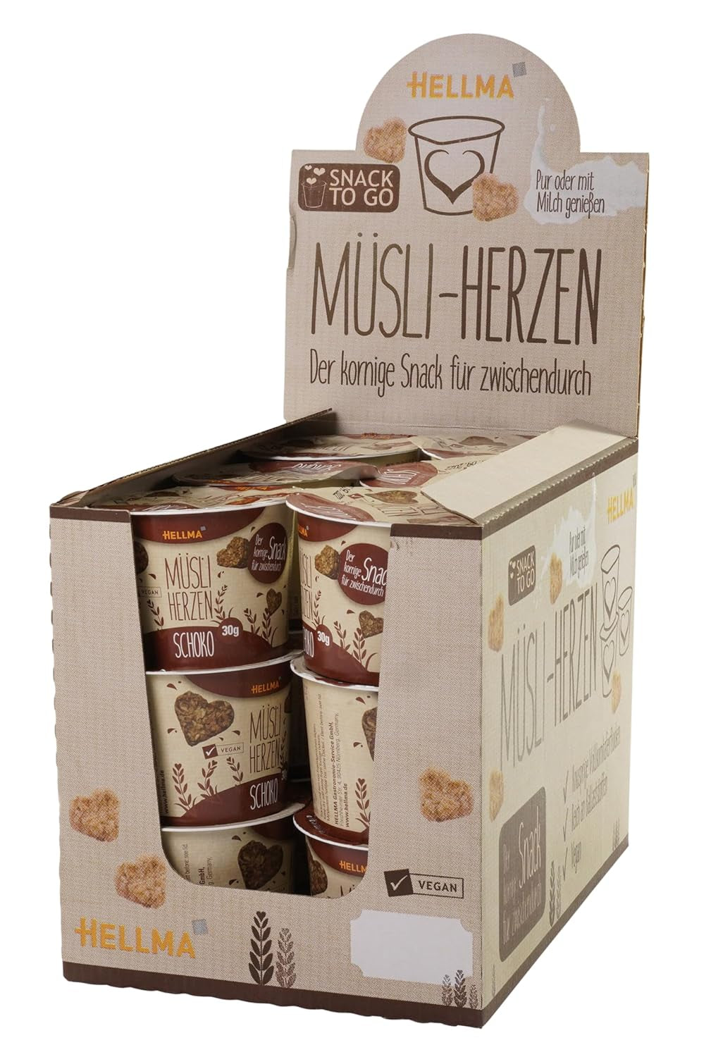 HELLMA Hjerter med müsli og chokolade - 18 portioner, 30 g hver - Havregryn overtrukket med chokolade i form af et hjerte, takeaway kopper