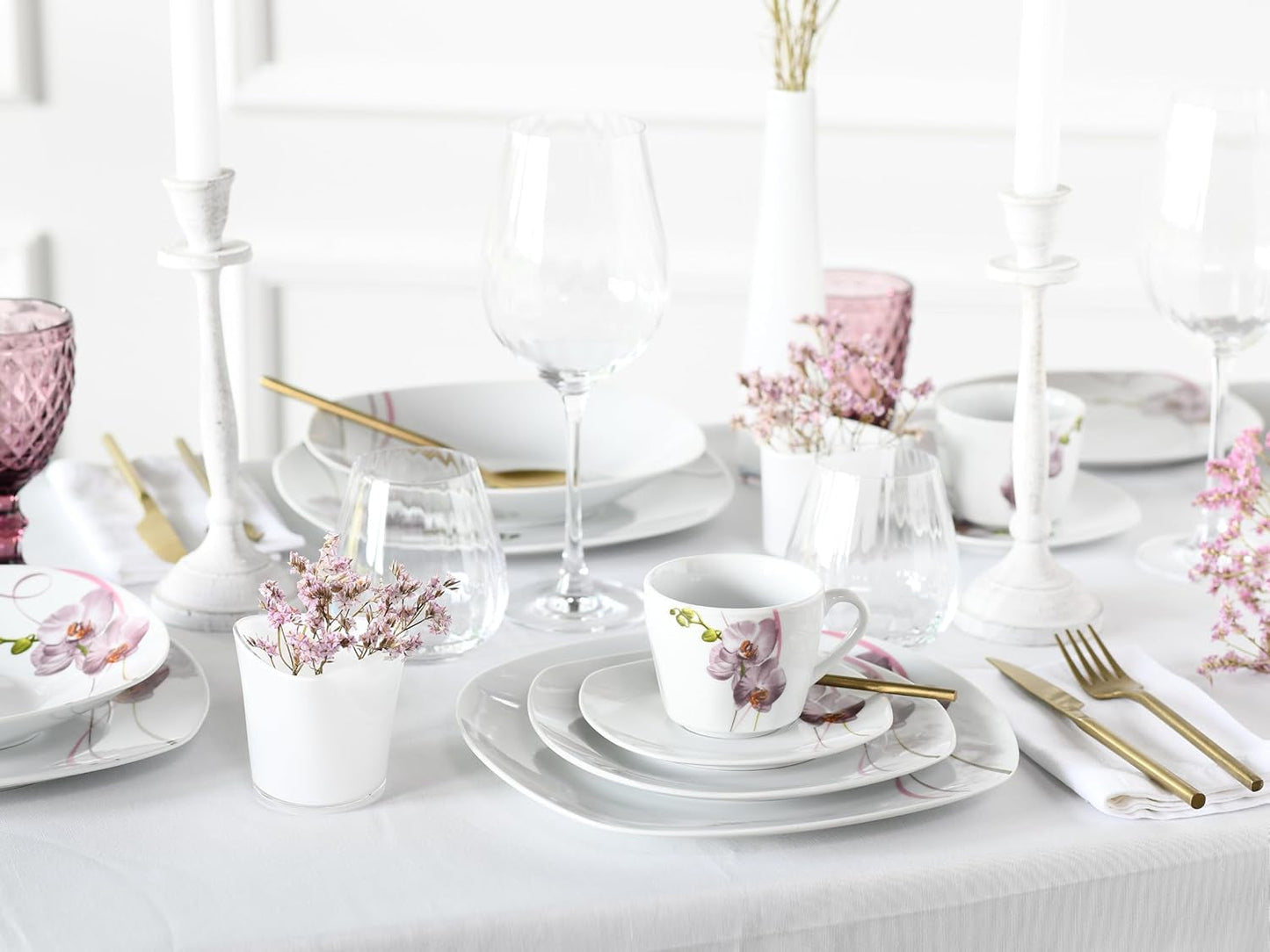 CreaTable, 24024, Square Orchid Series, 18-delt porcelænssæt til 6, Porcelænskaffeservice, Tåler opvaskemaskine og mikroovn, Kvalitetsfremstilling