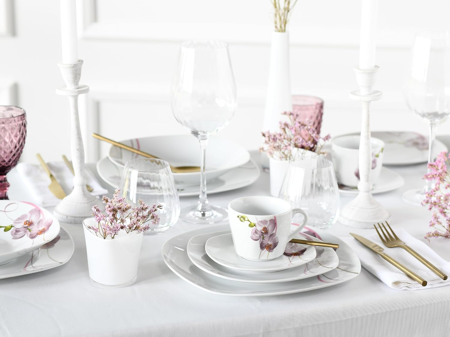 CreaTable, 24024, Square Orchid Series, 18-delt porcelænssæt til 6, Porcelænskaffeservice, Tåler opvaskemaskine og mikroovn, Kvalitetsfremstilling