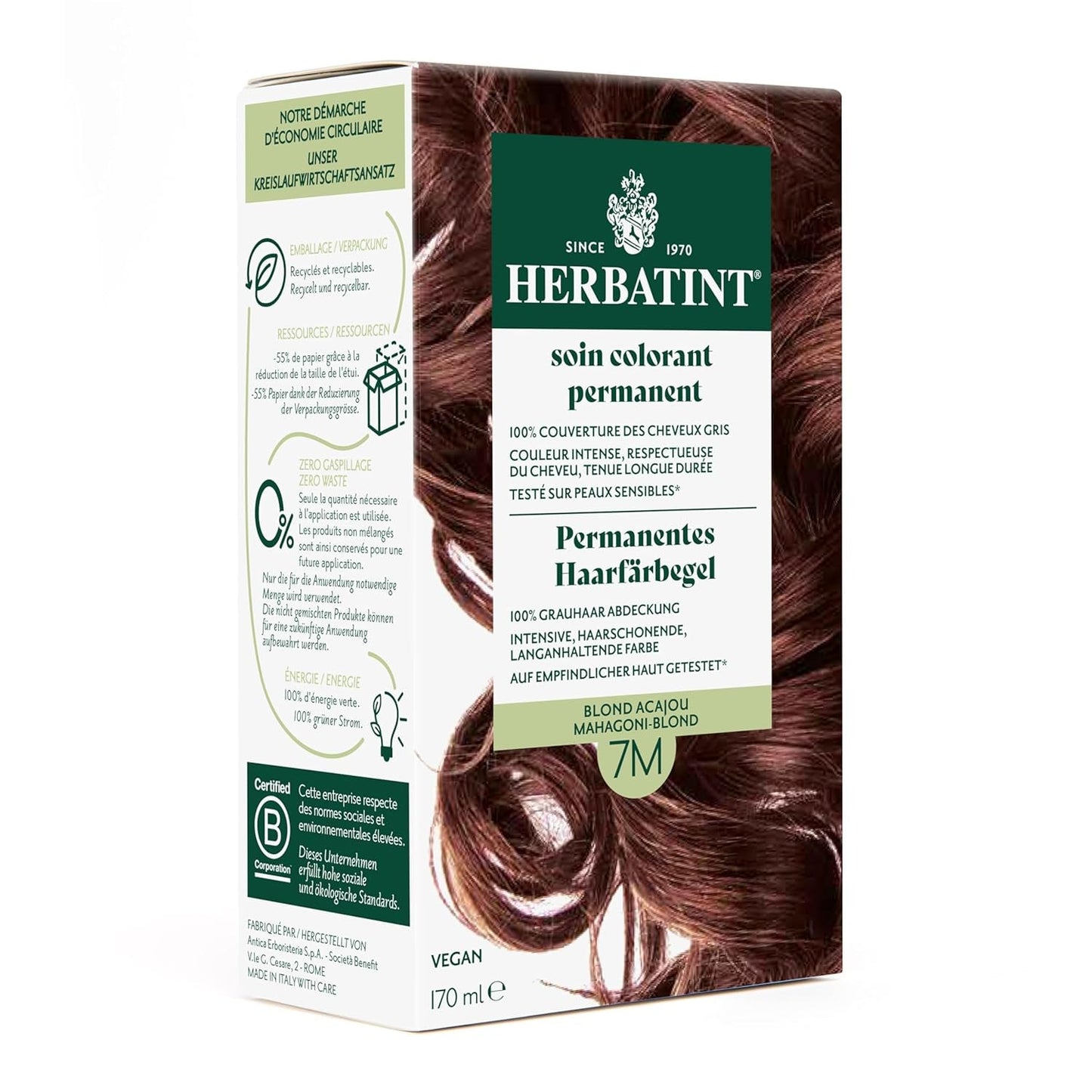 Permanent hårfarvegel 6N mørkeblond - 170 ml I Ammoniakfri, 100% dækning af gråt hår I Testet på følsom hud, med 8 planteekstrakter Hårfarve Naty Shop 7M Mahogniblond