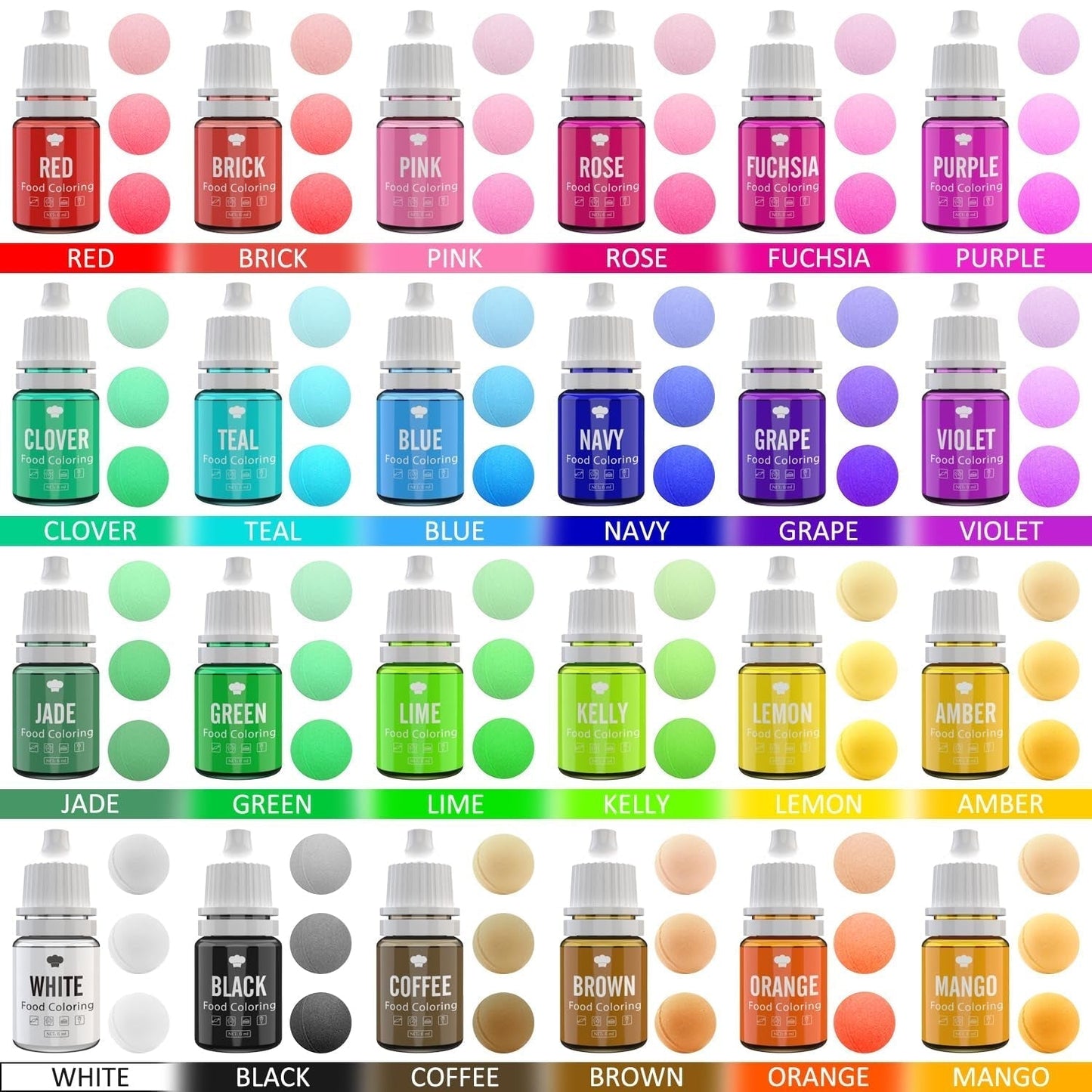 Madfarve - 24 levende madfarvestoffer til bagning, kagepynt, glasur, småkager, fondant og macarons - Flydende madfarve til sæbefremstilling og håndværk - 24 x 6 ml