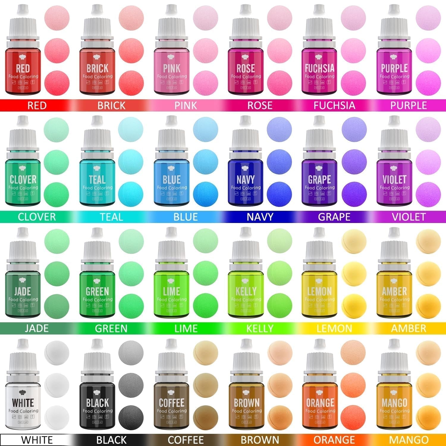 Madfarve - 24 levende madfarvestoffer til bagning, kagepynt, glasur, småkager, fondant og macarons - Flydende madfarve til sæbefremstilling og håndværk - 24 x 6 ml