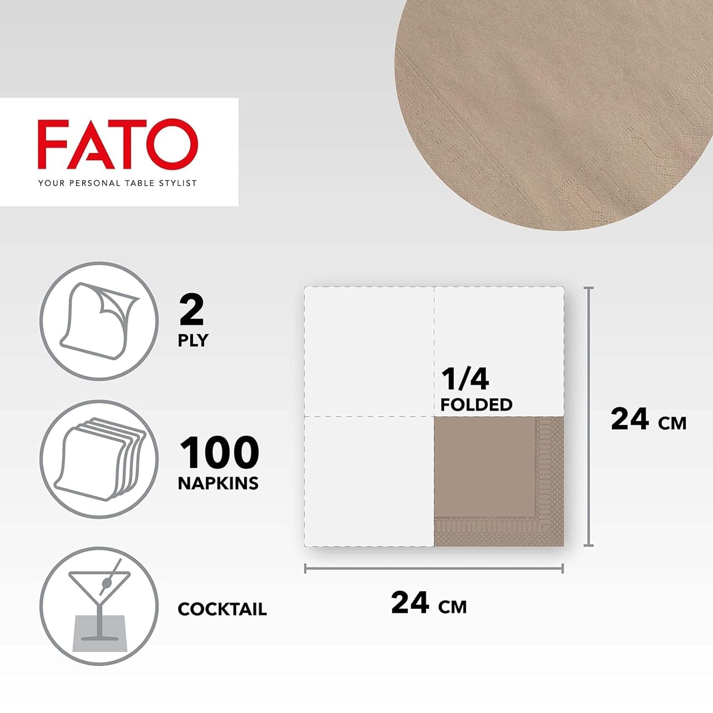 , Engangspapirsservietter, Ideel til forretter og cocktails, Pakke med 100 servietter, Størrelse 24X24 foldet i 4, 2 lag, Farve Turtledove, 100 % rent cellulosepapir, Fsc-certificeret