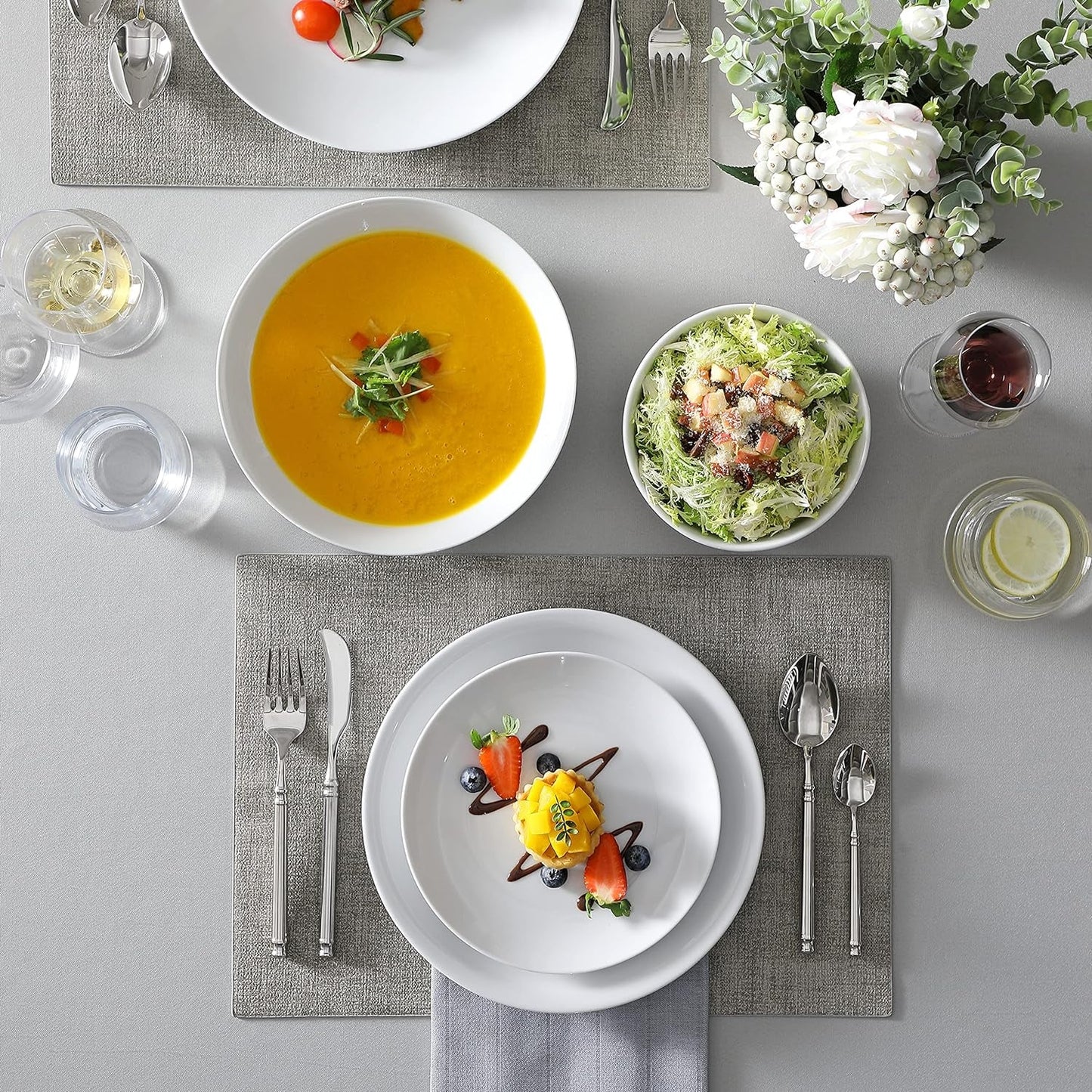 MALACASA 12-personers spisestel, Amelia 48-delt moderne porcelænsstel, bordservice med 12 middagstallerkener, desserttallerkener, suma tallerkener og kornskåle, moderne 12-personers stel - hvid