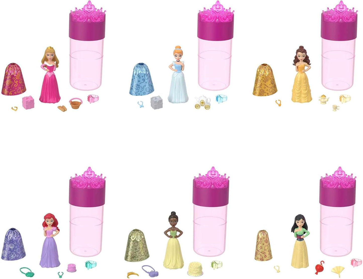 Disney Princess Color Reveal - 6 overraskelsesvandaktiverede dukker, tilbehør, til børn fra 3+, Ariel, Tiana, Mulan, Askepot, Belle, Aurora, HPX39
