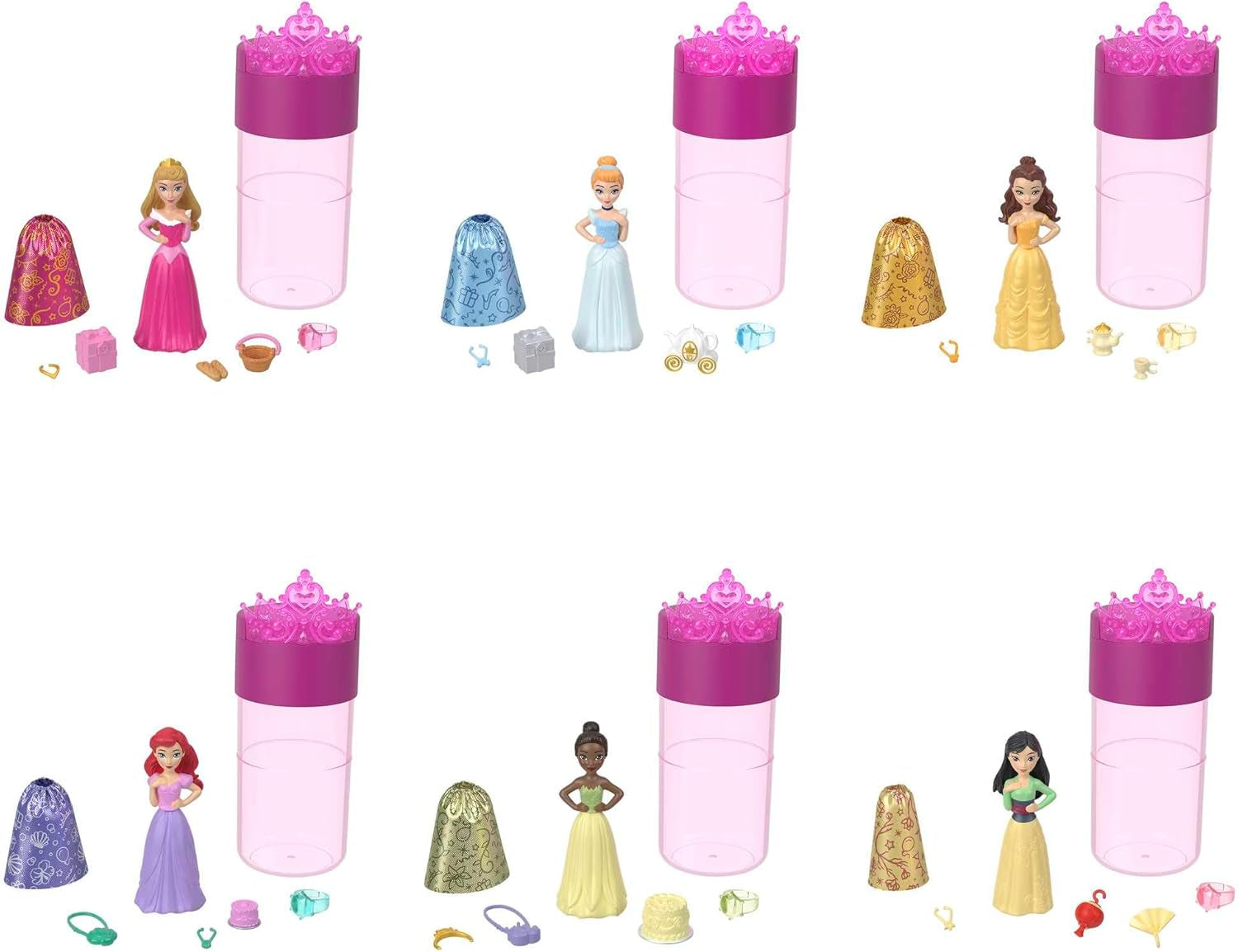 Disney Princess Color Reveal - 6 overraskelsesvandaktiverede dukker, tilbehør, til børn fra 3+, Ariel, Tiana, Mulan, Askepot, Belle, Aurora, HPX39