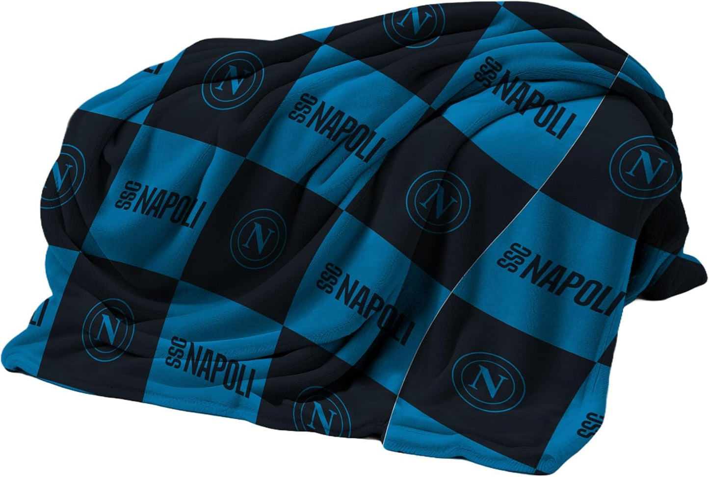 SSC Napoli blødt tæppe med logo, varmt tæppe til sofa og seng, størrelse 150 X 210 cm, soft touch, lyseblå, officielt produkt Hermet senge og tæpper