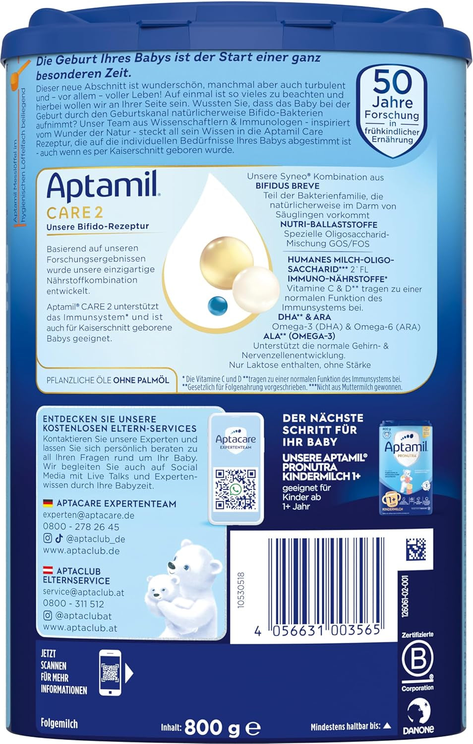 Aptamil Care 2 – Også velegnet til babyer født ved kejsersnit – 1 x 800 g