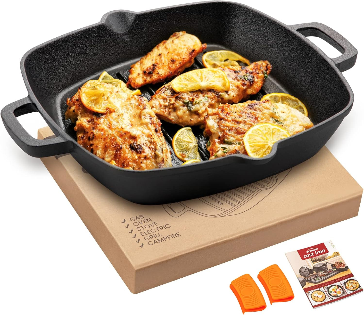 OVERMONT støbejernsgrillpande med håndtag Gryder og pander Naty Shop Square 26Cm