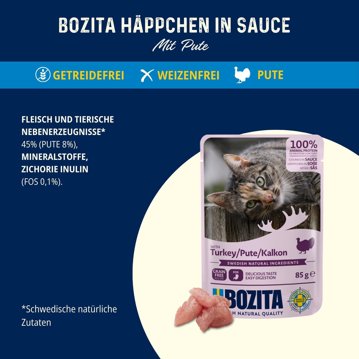 Bozita Pouch Nassfutter Häppchen i Sauce med Kylling - 12x85g Portionsbeutel getreidefreies & weizenfreies Futter für Katzen - Katzennassfutter für erwachsene Katzen med 8,5% protein & 4,5% fedtindhold