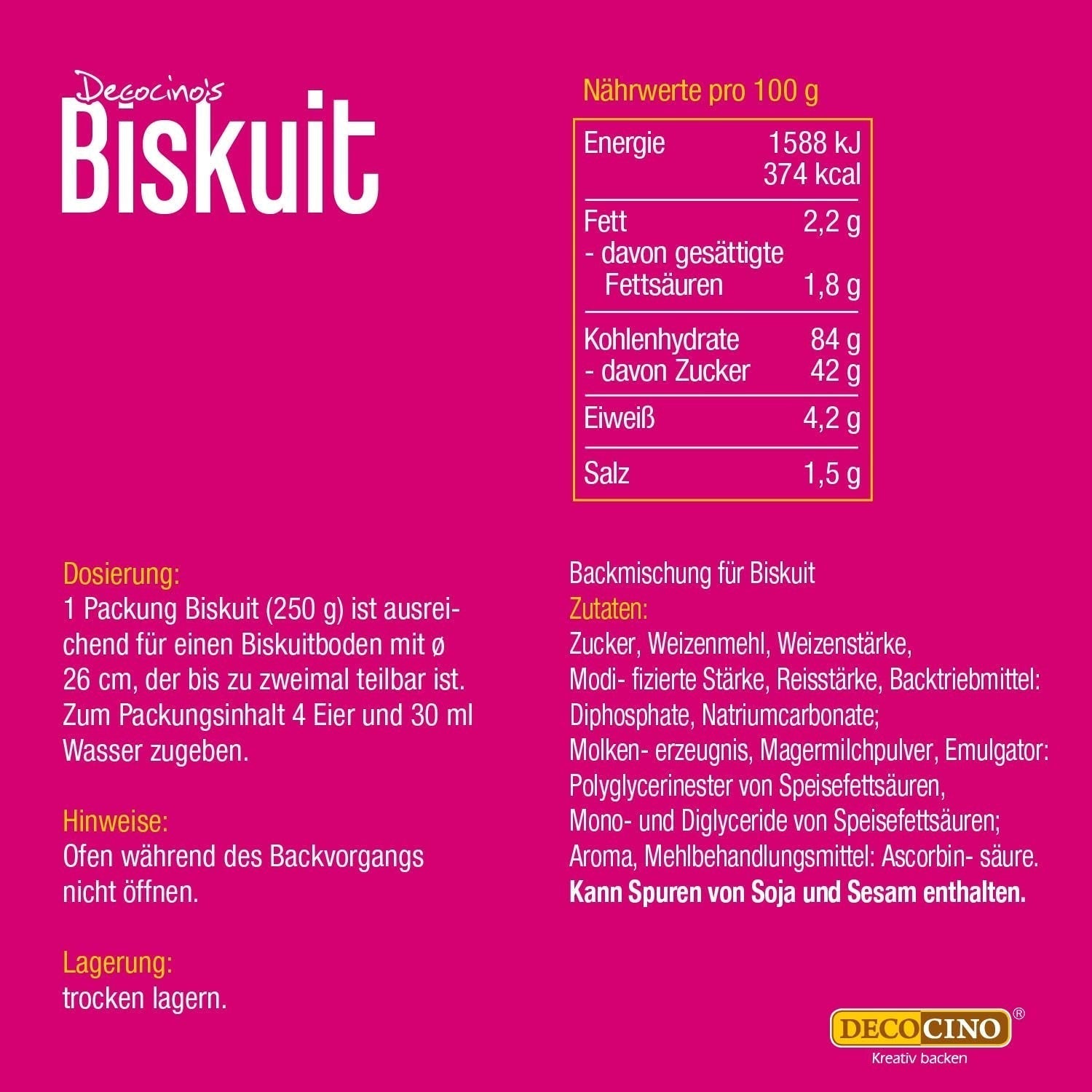 DECOCINO Biscuit Backmischung (250 G) – Einfache Zubereitung – Gelingsicher – Zum Backen Von Luftigen Biskuitböden, Creme-Torten, Biskuitrollen Uvm. Naty butik
