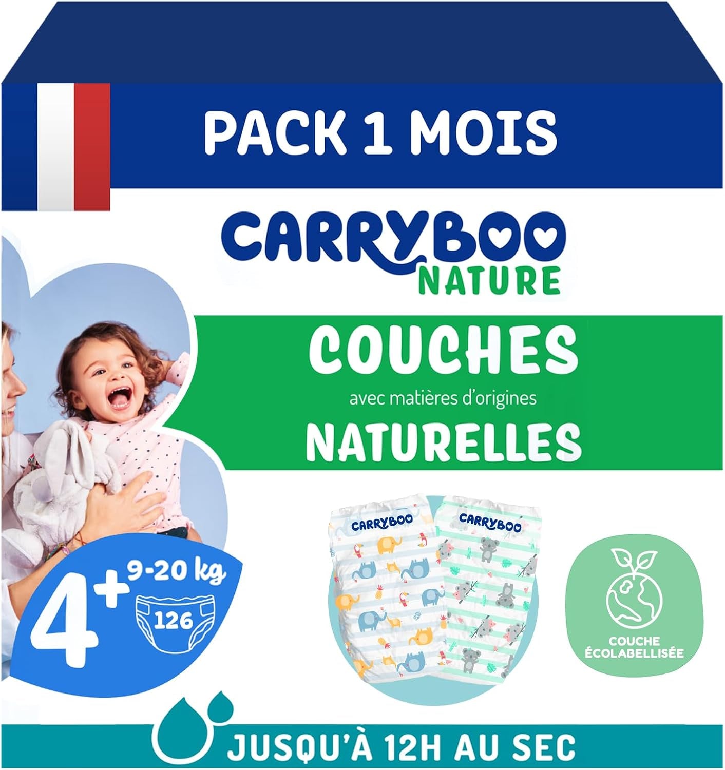 - Blestørrelse 4+ 9-20 kg – Ökologische Babywaidern – natürliche Babypflege, hypoallergen, ohne Parfüm und auslaufsicher – hermestellung in Frankreich – 126 engangsbleer – 1 måned