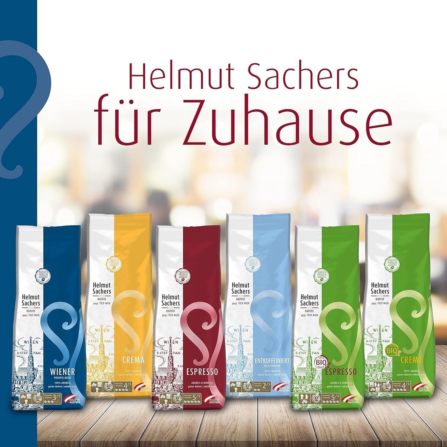 Helmut Sachers Kaffee - Wienerblanding, styrke 3/5, 100 % Arabica, hele kaffebønner, 6 X 500 G Naty Shop