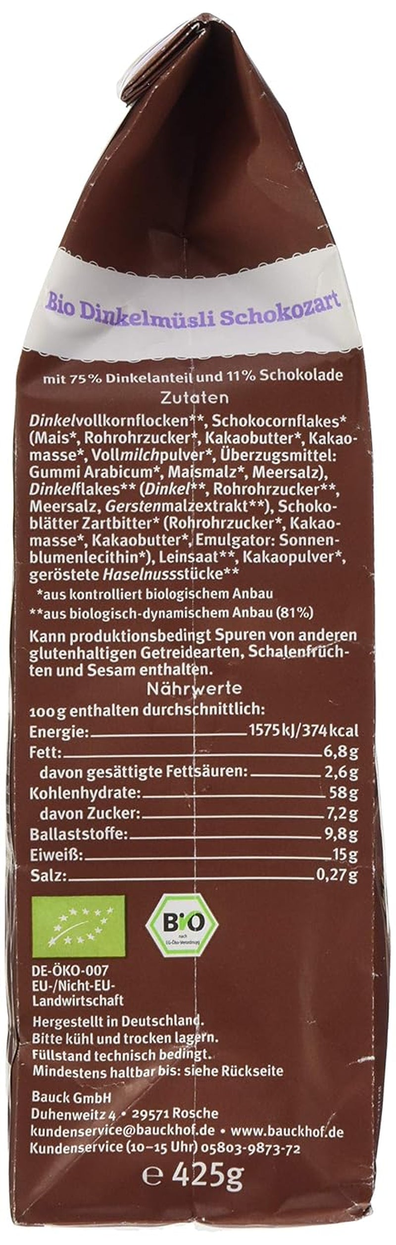 Bauck HOF Dinkelmüsli Schokozart, 425G (1Er Pack) Korn Naty Shop