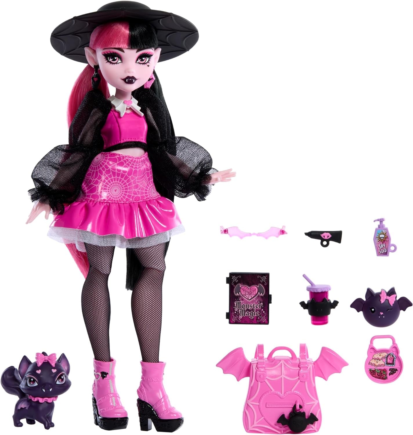 Monster High Draculaura dukke med sit kæledyr Count Fabulous flagermus kat og tilbehør såsom rygsæk, tryllebog, bento box og mere, HRP64 Naty Shop Dolls