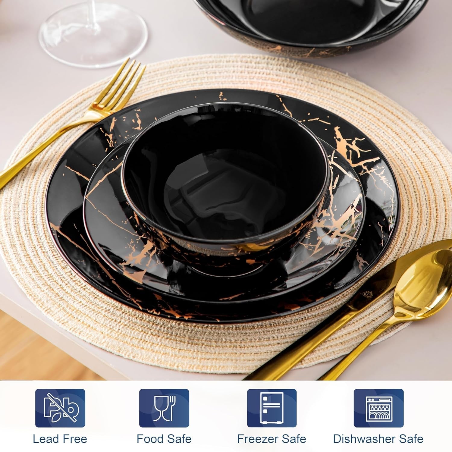 LOVECASA Daphne Series Porcelænsservisesæt SWEET 24-delt kombinationssæt Gulddesign Middagstallerkener Desserttallerkener Korn skåle og middagstallerkener til 6