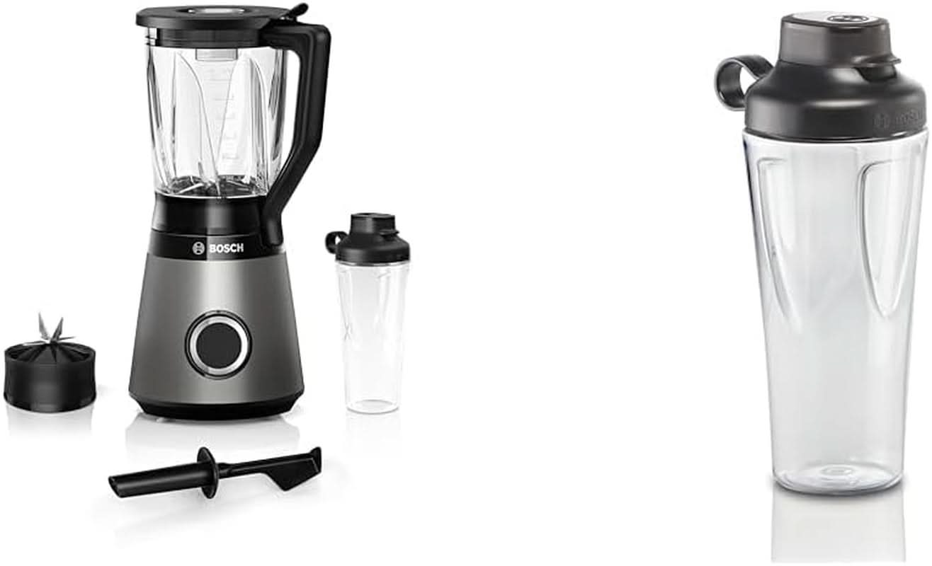 Bosch Standmixer Vitapower Serie 4 MMB6174SN, Verbesserte Version, Hochwertige Edelstahl-Klingen, 1,5L Glasbehälter, 0,6L To-Go-Flasche, Spülmaschinenfeste Teile, 30.000 U/Min, 1200 W, Silber Bundle Mi6 L Flasche Shop, - 0 Mit 10 Jahre Motorgarantie