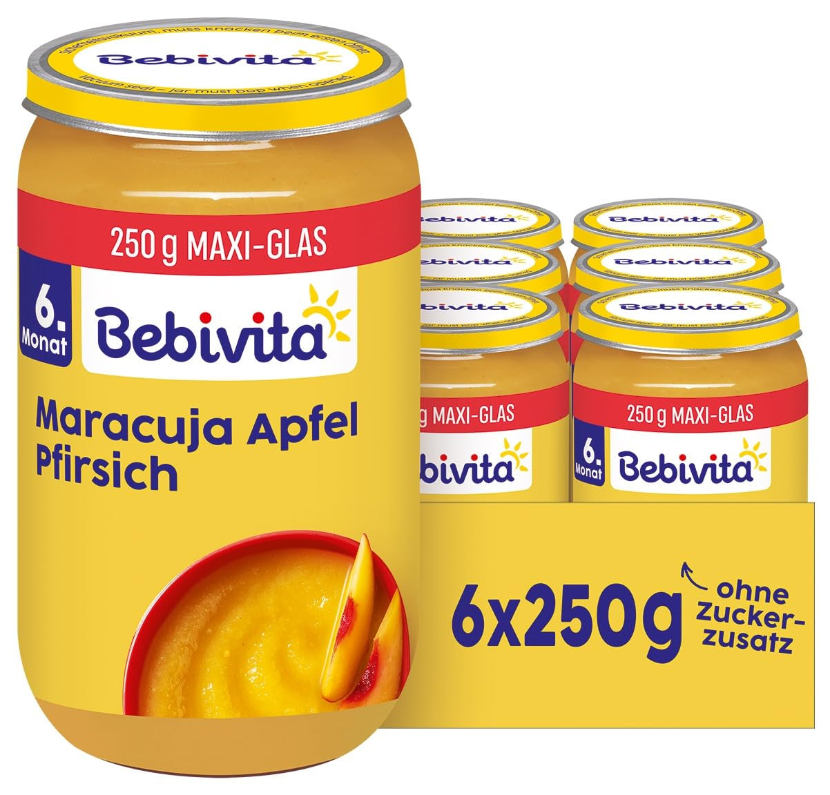 Ferskner og passionsfrugt i æblejuice, 250g, pakke med 6 (6x250g)