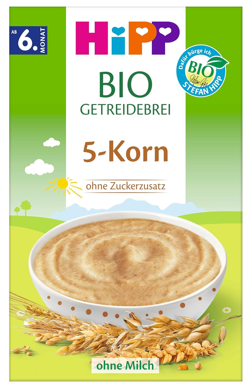 HiPP økologisk korngrød med 5 korn (7 x 200 g), fra 6 måneder, uden tilsat sukker, skånsom mod babys mave, bedste økologiske kvalitet