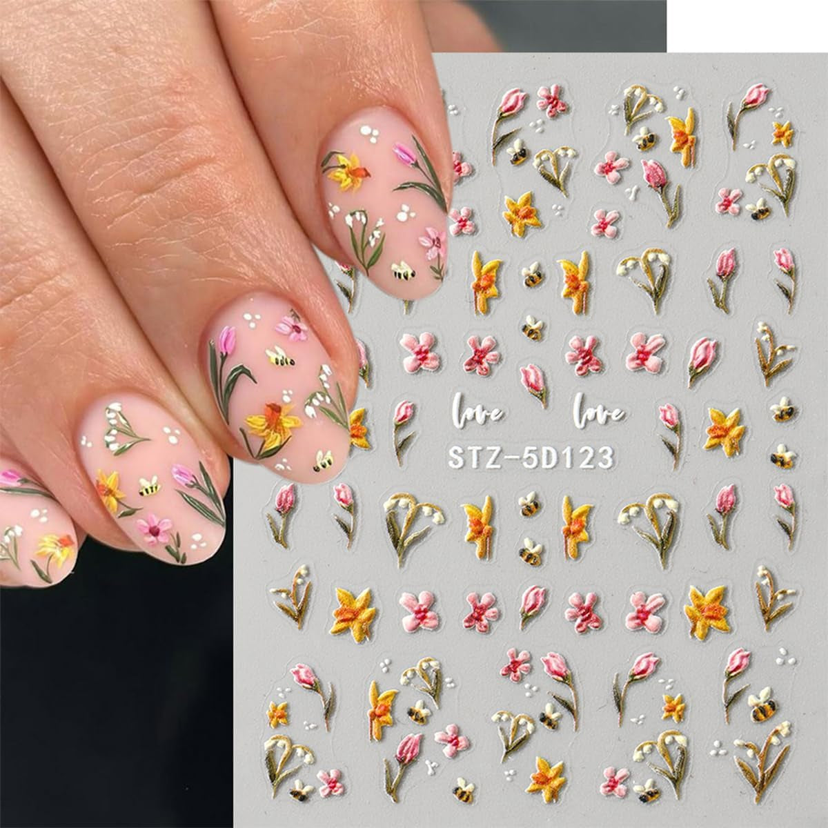 JMEOWIO 3D Nagelsticker Blumen Frucht Nail Art Sticker Selbstklebend Nagelaufkleber 5D Stereoskopisk Dekoration Nageldesign Tilbehør 4 Blatt
